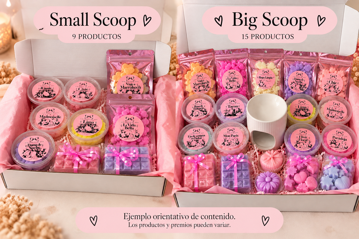 Ejemplos orientativos de cajas Small Scoop y Big Scoop de Las Perlas de Ana